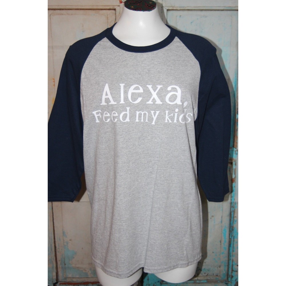 Gildan Womens Funny Baseball T-shirt Alexa, Feed My Kids Gray/Navy Size M EUC